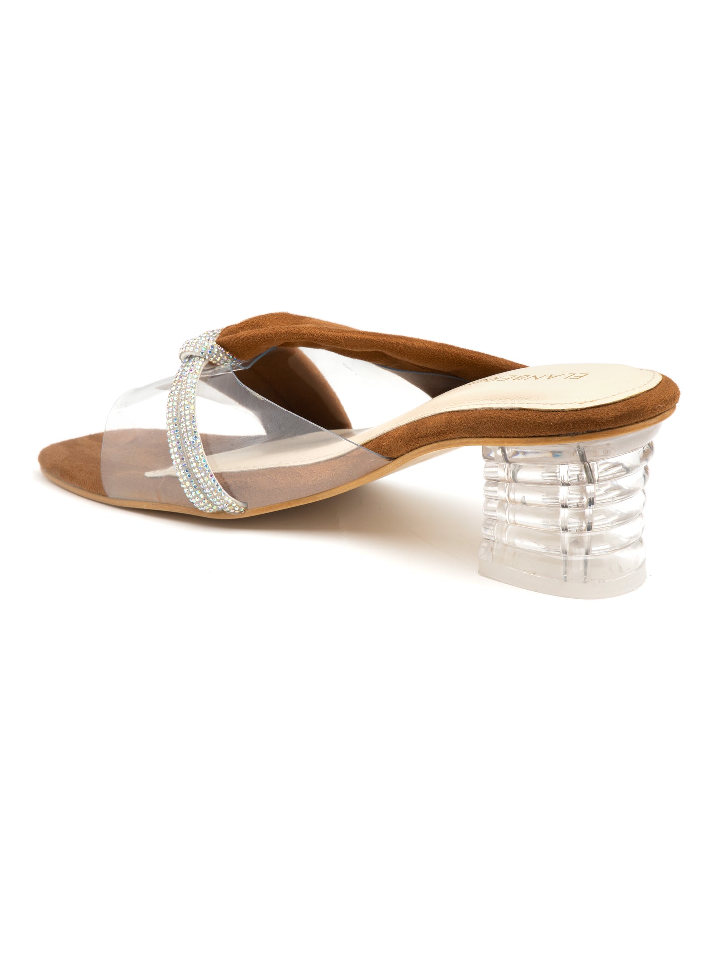 Clarena - Tan Suede Clear Strap Clear Block Heels with Crystal Accent