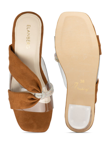 Clarena - Tan Suede Clear Strap Clear Block Heels with Crystal Accent
