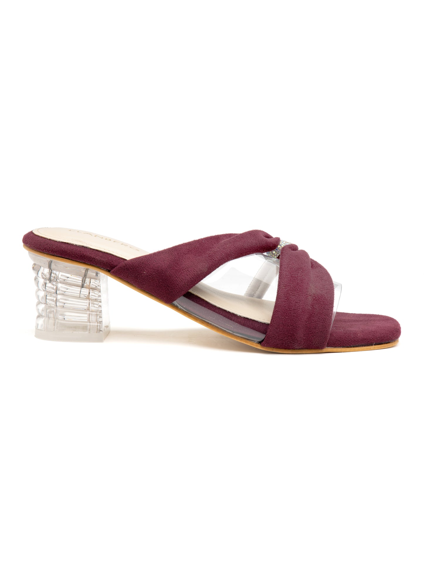 Serenya - Burgundy Suede Clear Strap Transparent Block Heels with Crystal Accent
