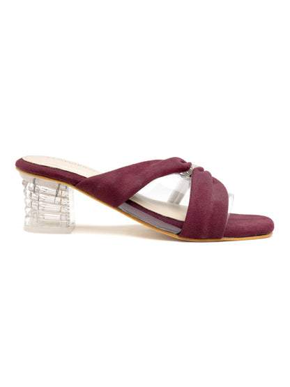 Serenya - Burgundy Suede Clear Strap Transparent Block Heels with Crystal Accent