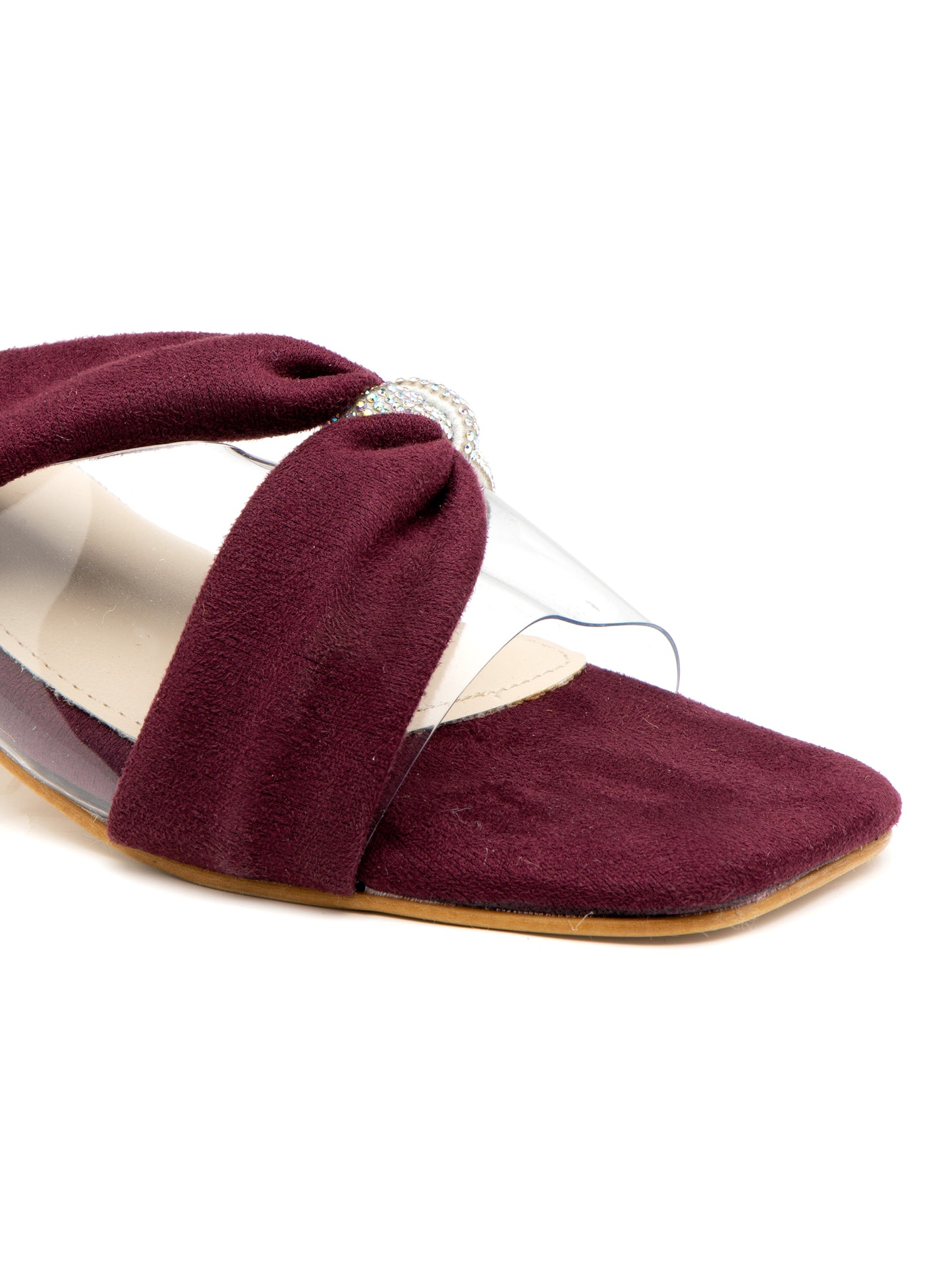 Serenya - Burgundy Suede Clear Strap Transparent Block Heels with Crystal Accent