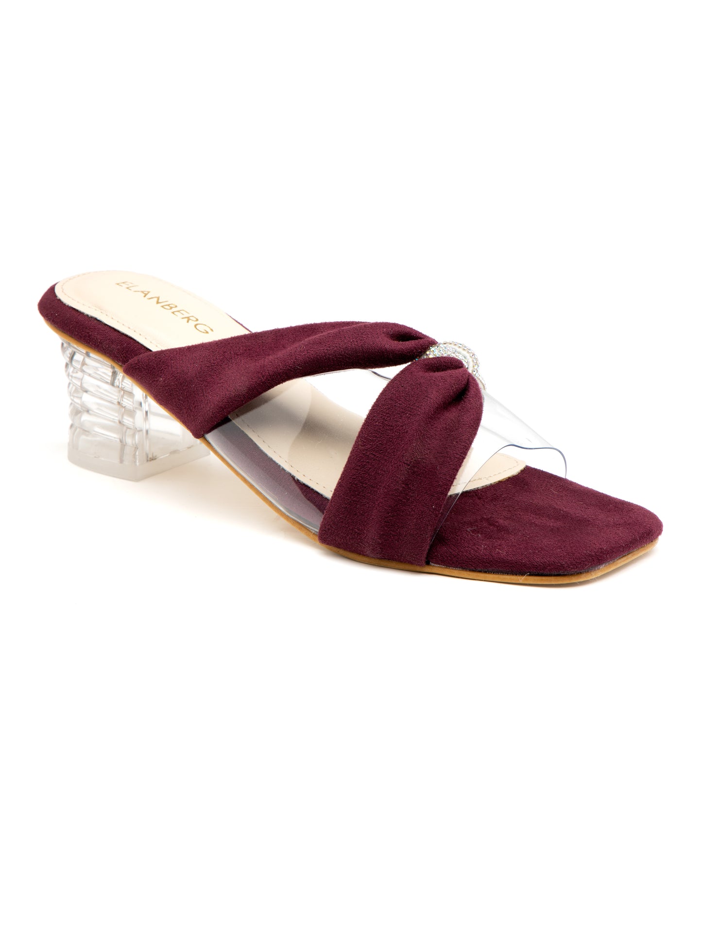 Serenya - Burgundy Suede Clear Strap Transparent Block Heels with Crystal Accent