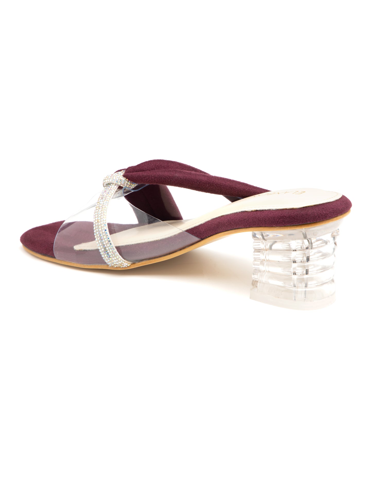 Serenya - Burgundy Suede Clear Strap Transparent Block Heels with Crystal Accent