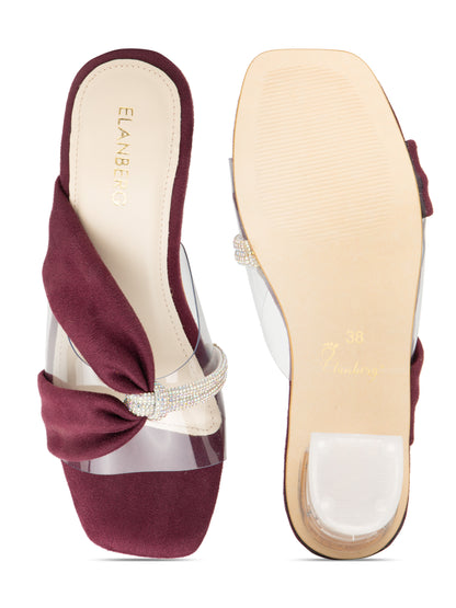 Serenya - Burgundy Suede Clear Strap Transparent Block Heels with Crystal Accent
