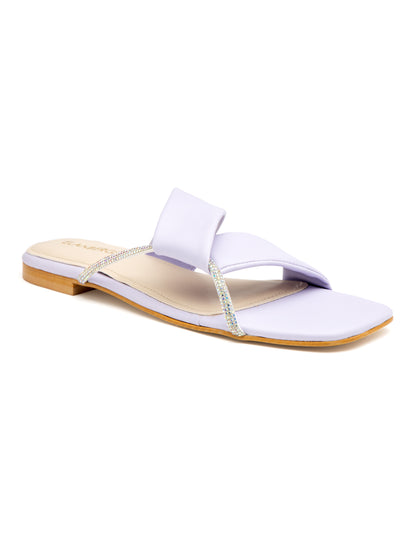 Elyra - Women’s Lavender Crystal-Accent Flats with Cross Straps- Collection: Pastel Radiance