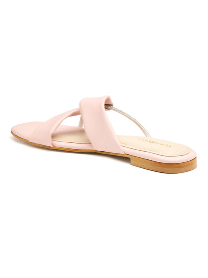 Seriva - Women’s Pastel Pink Crystal-Accent Flats with Cross Straps- Collection: Pastel Radiance