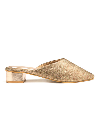 Gildora - Women’s Antique Gold Shimmer Round Pointed (Toe Mules with Metallic Block Heel)