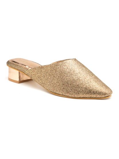 Gildora - Women’s Antique Gold Shimmer Round Pointed (Toe Mules with Metallic Block Heel)