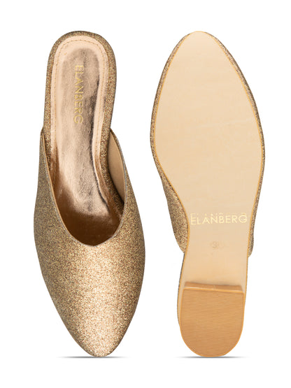 Gildora - Women’s Antique Gold Shimmer Round Pointed (Toe Mules with Metallic Block Heel)