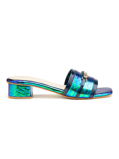 Iridessa - Women’s Iridescent Block Heels  with Chain Detail (Blue Green)