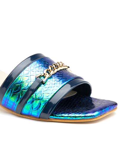 Iridessa - Women’s Iridescent Block Heels  with Chain Detail (Blue Green)