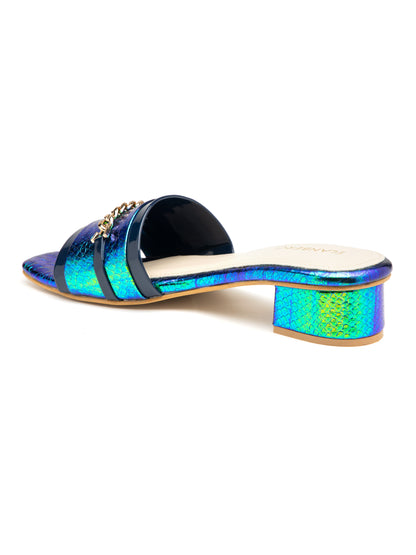 Iridessa - Women’s Iridescent Block Heels  with Chain Detail (Blue Green)