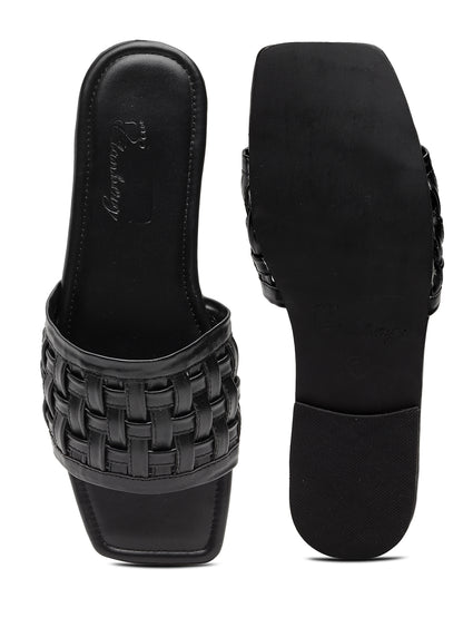 ELANBERG Black Open Toe Slip-On Flats