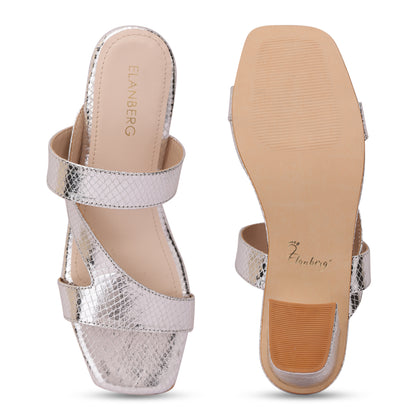 Halo Asymmetrical Strap Block Heel- Silver