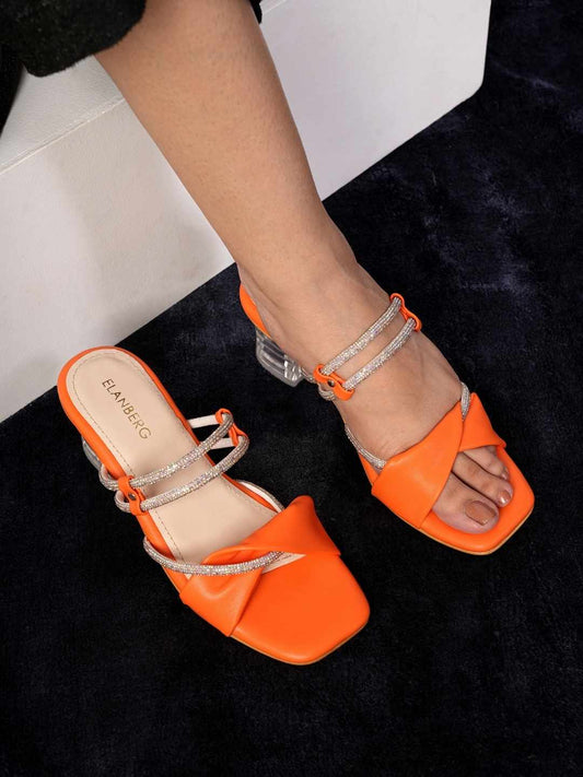 Zesta Crystal-Strap Block Heel- Orange